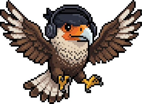 Kikori, o mascote: um carcará em pixel art, de fones de ouvido e asas abertas.